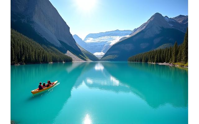 Kayakers on stunning turquoise Lake Louise with mountains in background