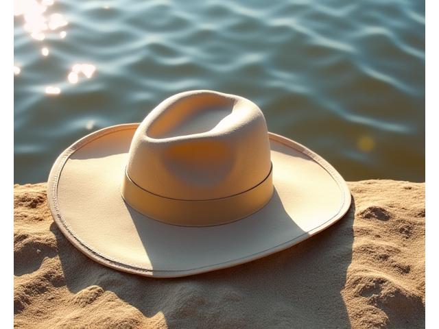 Khaki sun hat with a wide brim, made from organic cotton, lying on a sandy beach next to a calm lake.