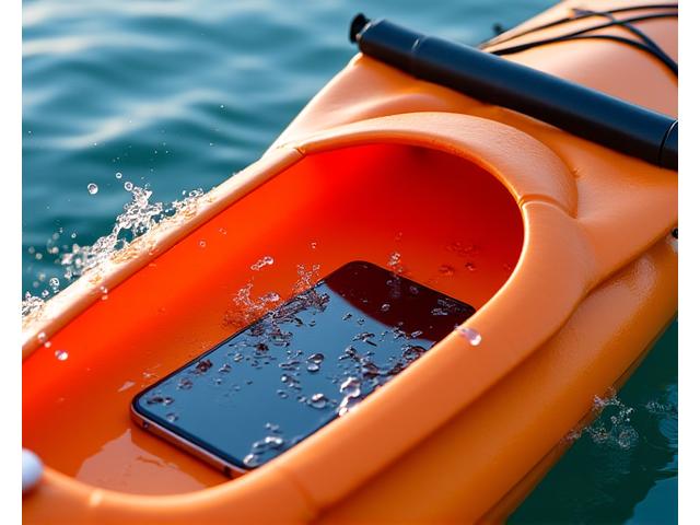 Waterproof dry bag protecting electronics on a kayak