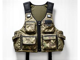 Camouflage fishing PFD with numerous large pockets and tool attachment points.